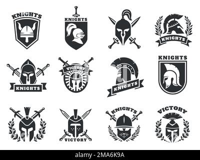 Knight helmet logo. Medieval ancient crusader viking soldier protective head armor with crossed swords shield for label emblem badge. Vector set Stock Vector