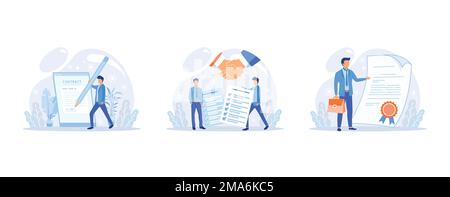 Electronic contract, agreement conditions, legal document e-signature on document in paper sheet or at tablet screen with stylus pen and padlock, set Stock Vector