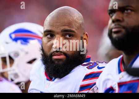 Buffalo Bills defensive tackle DaQuan Jones (92) walks off the field after  an NFL football game against the Kansas City Chiefs Sunday, Oct. 16, 2022,  in Kansas City, Mo. (AP Photo/Peter Aiken