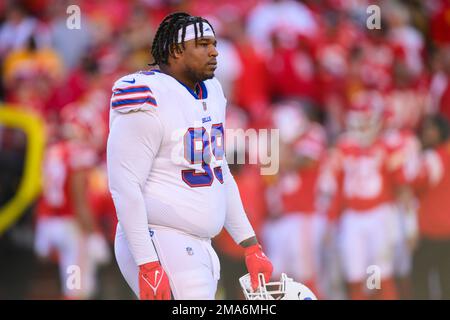 Buffalo Bills defensive tackle Tim Settle (99) during a break in play  against the Kansas City Chiefs the first half of an NFL football game,  Sunday, Oct. 16, 2022 in Kansas City