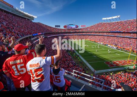 Kansas City Chiefs fans do the tomahawk chop before the start of an NFL  football game against the Buffalo Bills, Sunday, Oct. 16, 2022 in Kansas  City, Mo. (AP Photo/Reed Hoffmann Stock