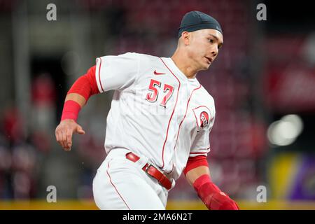 Stuart Fairchild of the Cincinnati Reds is congratulated by