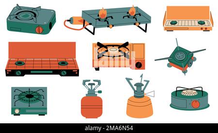 Camping stoves. Cartoon portable tourism gas burners, outdoor propane hob furnaces, camp picnic cooking equipment with open fire. Vector isolated set Stock Vector