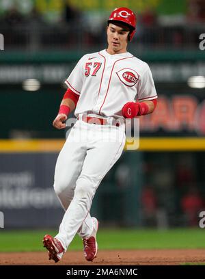 Stuart Fairchild of the Cincinnati Reds is congratulated by