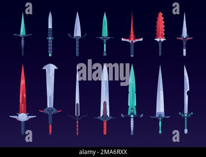 Game swords. Fantasy daggers battle broadsword for 3d gaming assets, magic steel blades characteristics for playing actions. Vector isolated set Stock Vector