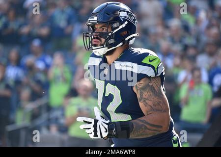 Seattle Seahawks offensive tackle Abraham Lucas (72) gets set