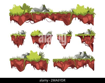Game flying ground. Cartoon platforms with green grass bushes rocks hanging in air, floating pieces of fantasy landscape for game asset. Vector set Stock Vector