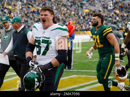 New York Jets guard Dan Feeney (67) walks off the field after an NFL  football game against the Philadelphia Eagles, Sunday, Dec. 5, 2021, in  East Rutherford, N.J. (AP Photo/Adam Hunger Stock