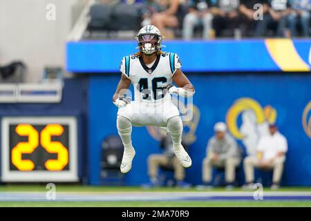 Buffalo Bills defensive end Boogie Basham (55) stands on the sideline  during an NFL preseason football game against the Carolina Panthers,  Saturday, Aug. 26, 2022, in Charlotte, N.C. (AP Photo/Brian Westerholt Stock