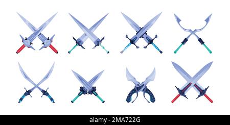Crossed swords. Metal fantasy medieval knight sharp blades cartoon style, cross of two old broadsword weapon for rpg sprite game asset. Vector set Stock Vector