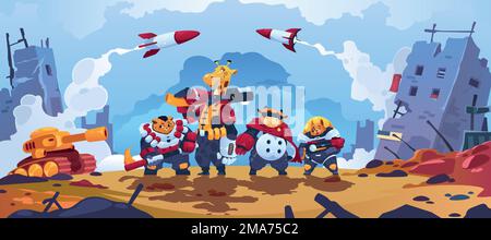 Fantasy battle. Magic fighting scene between wild warrior animals with weapons, cartoon flat martial characters with war equipment. Vector Stock Vector