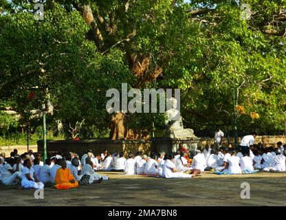 Pilgrimages observe sil at the Atmasthana. They gather together and worship the Abhayagiri stupa. The Bikkus give them sil. Sri Lanka. Stock Photo