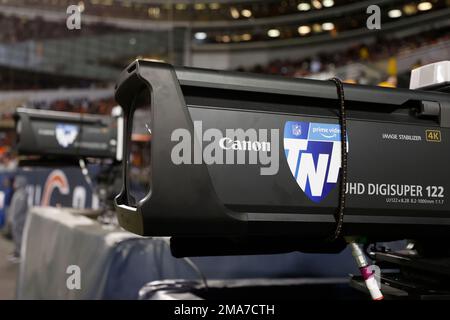 A TV camera with the  Prime Video Thursday Night Football logo is  seen during the