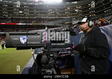 A TV camera with the  Prime Video Thursday Night Football logo is  seen during the first half of an NFL football game between the Chicago Bears  and Washington Commanders, Thursday, Oct.