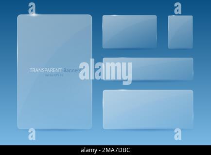 A set of transparent banners on a gray background. Banners with reflections in the style of glass morphism. Stock Vector