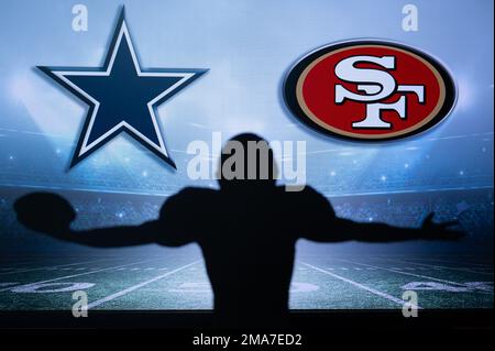 Dallas Cowboys vs. San Francisco 49ers. NFL match poster. Two american  football players silhouette facing each other on the field. Clubs logo in  backg Stock Photo - Alamy