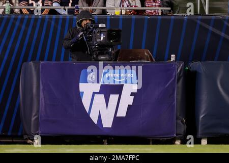 A TV camera with the  Prime Video Thursday Night Football logo is  seen during the first half of an NFL football game between the Chicago Bears  and Washington Commanders, Thursday, Oct.