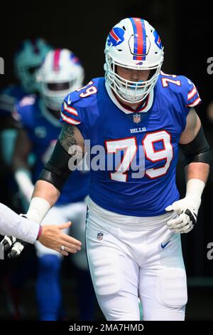 Buffalo Bills offensive tackle Spencer Brown (79) walks off the field after  an NFL football game