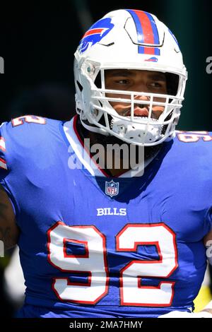 Buffalo Bills defensive tackle DaQuan Jones (92) walks off the field after  an NFL football game against the Kansas City Chiefs Sunday, Oct. 16, 2022,  in Kansas City, Mo. (AP Photo/Peter Aiken