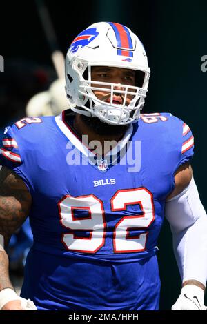 Buffalo Bills defensive tackle DaQuan Jones (92) walks off the field after  an NFL football game against the Kansas City Chiefs Sunday, Oct. 16, 2022,  in Kansas City, Mo. (AP Photo/Peter Aiken