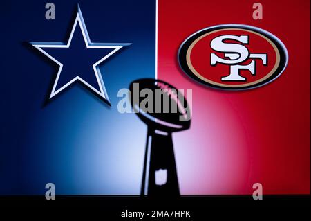 SAN FRANCISCO, USA, JANUARY 18, 2023: Dallas Cowboys vs. San Francisco 49ers. NFL Divisional Round 2023, Silhouette of Vince Lombardi Trophy for the w Stock Photo