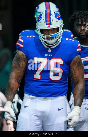 Buffalo Bills guard Rodger Saffold (76) prepares to walk onto the field  before the start of an NFL football game against the Miami Dolphins,  Sunday, Sept. 25, 2022, in Miami Gardens, Fla. (