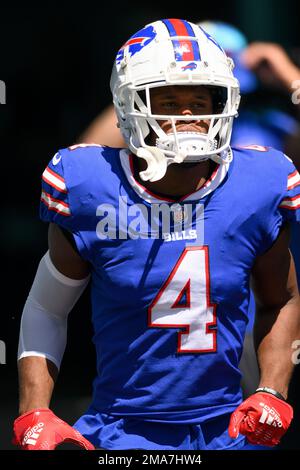 Buffalo Bills safety Jaquan Johnson (4) runs on the field during the second  half an NFL
