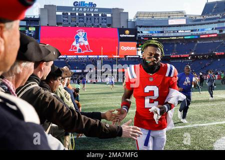 Foxborough, United States. 02nd Jan, 2022. New England Patriots cornerback  Jalen Mills (2) breaks up a pass intended for Jacksonville Jaguars wide  receiver Lavish Shenault (10) in the third quarter at Gillette