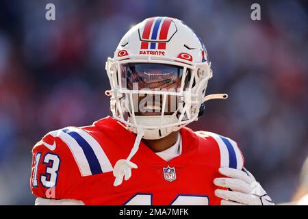 New England Patriots cornerback Jack Jones (13) at the line of scrimmage  during the first half of an NFL football game against the New York Jets,  Sunday, Nov. 20, 2022, in Foxborough, Mass. (AP Photo/Greg M. Cooper Stock  Photo - Alamy