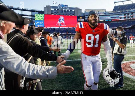 New England Patriots defensive lineman Deatrich Wise Jr. (91) during the  first half of an NFL football game against the Baltimore Ravens, Sunday,  Sep. 25, 2022, in Foxborough, Mass. (AP Photo/Stew Milne