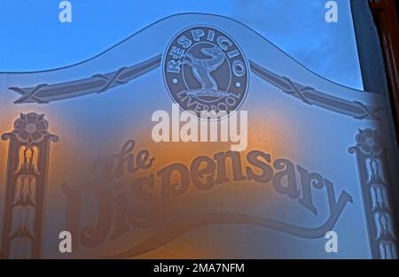 Etched window, Respicio - The Dispensary, 87 Renshaw St, Liverpool, Merseyside, England, UK,  L1 2SP Stock Photo