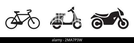 simple scooter moped motorcycle motorbikebike bicycle silhouette set of 3 side view icon symbol vector isolated on white background Stock Vector