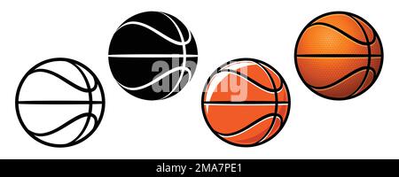 simple classic various basket balls basketballs set of 4 silhouette icon emblem symbol vector isolated on white background Stock Vector