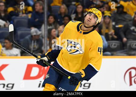 Nashville Predators left wing Kiefer Sherwood (44) celebrates with center  Philip Tomasino (26) after his goal against the Detroit Red Wings during  the second period of an NHL hockey game Tuesday, March