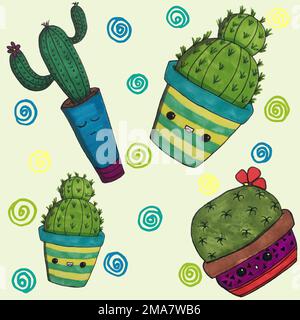 Hand drawn cactus plants seamless pattern. Vibrant colors. Cute kids drawing. Stock Photo