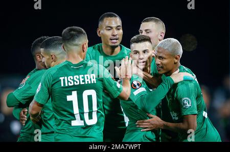 Ludogorets' team celebrate their first goal during the Europa