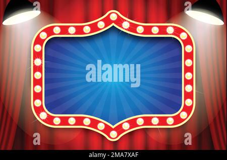 circus theatre sign blue with light frame blank with red curtains and spotlights vector isolated on white background Stock Vector