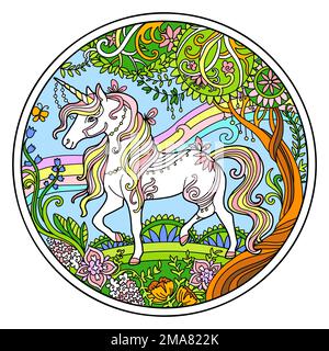 Stylized hand drawn colored white unicorn with magic flowers vector illustration. Magic horse in doodle zentangle style. Lace pattern round shape. For Stock Vector