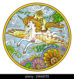 Stylized hand drawn colored flying unicorn with magic flowers vector illustration. Magic horse in doodle zentangle style. Lace pattern round shape. Fo Stock Vector