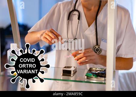 ORTRO. Variant ORTRO. Ortro covid. New variant of the SARS-CoV-2 coronavirus. Subvariant of Omicron. Design horizontal. Virus design and black text. Stock Photo