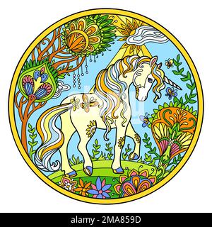 Stylized hand drawn multicolored summer unicorn with magic flowers vector illustration. Magic horse in doodle zentangle style. Lace pattern round shap Stock Vector