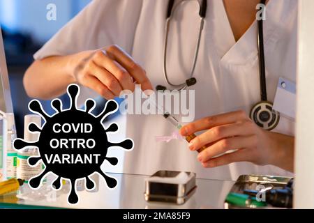 ORTRO. Variant ORTRO. Ortro covid. New variant of the SARS-CoV-2 coronavirus. Subvariant of Omicron. Design horizontal. Virus design and black text. Stock Photo