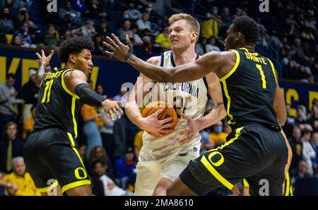 Haas Pavilion Berkeley Calif, USA. 18th Jan, 2023. CA U.S.A. California forward Lars Thiemann (21)goes to the hoop during the NCAA Men's Basketball game between Oregon Ducks and the California Golden Bears. Oregon beat California 87-58 at Haas Pavilion Berkeley Calif. Thurman James/CSM/Alamy Live News Stock Photo