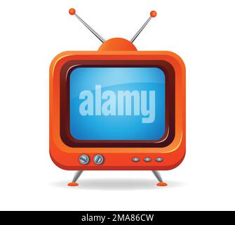 funky orange retro tv television set with blue screen and antennas vector illustration isolated on white background Stock Vector