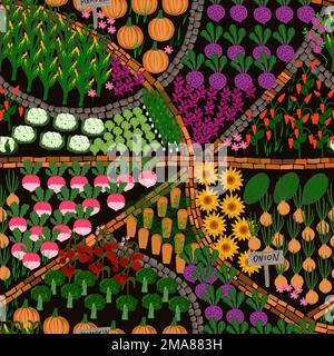 Garden texture. Seamless gardening pattern.Garden and vegetable garden plan. Vegetables in the garden Stock Vector