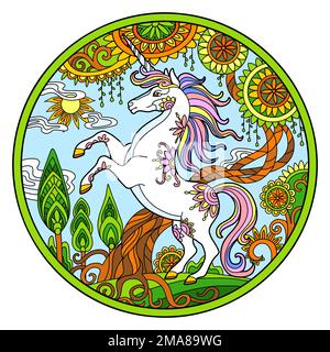 Stylized hand drawn colored unicorn in magic flowers and forest vector illustration. Magic horse in doodle zentangle style. Lace pattern round shape. Stock Vector