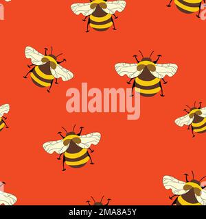 Seamless pattern with bees on color background. Small wasp. Vector illustration. Adorable cartoon character. Template design for invitation, cards Stock Vector