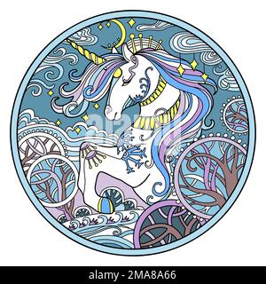 Stylized hand drawn colored winter unicorn with magic plants vector illustration. Magic horse in doodle zentangle style. Lace pattern round shape. For Stock Vector