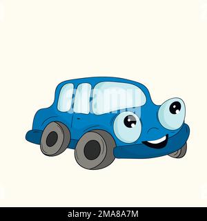 Cute blue car, kids toy. Cartoot transport. Retro automobile isolated on white background. Vector illustration. Doodle style. Design for baby print Stock Vector
