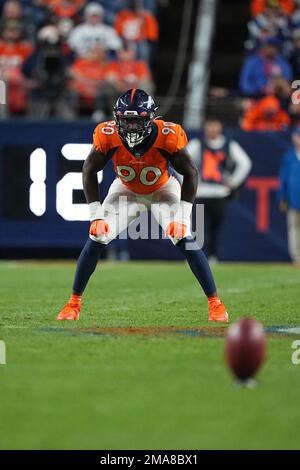 Denver Broncos linebacker Jonathan Kongbo (90) walks off the field after an  NFL football game against the Jacksonville Jaguars at Wembley Stadium in  London, Sunday, Oct. 30, 2022. The Denver Broncos defeated